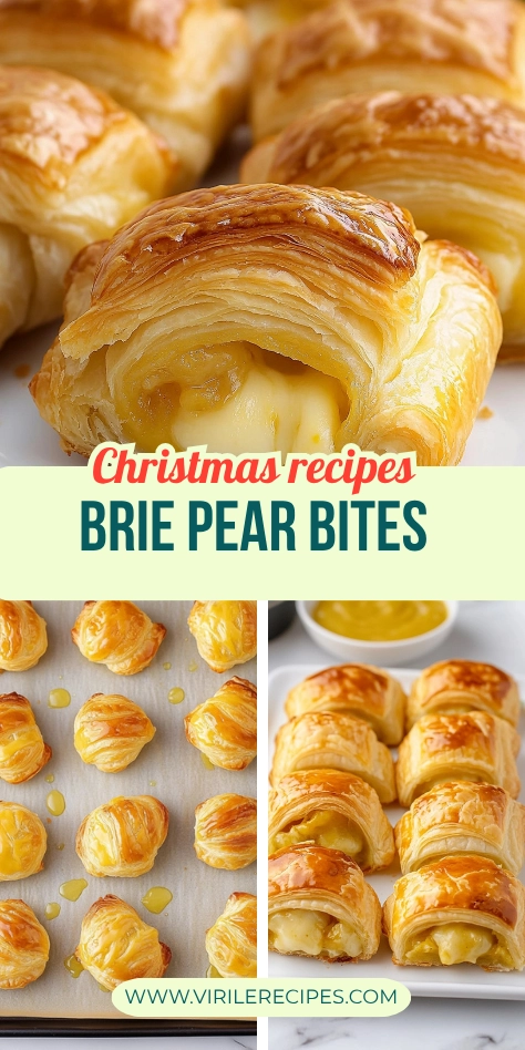 Golden brie and pear puff pastry bites served for Christmas, shown on a baking tray and plate.
