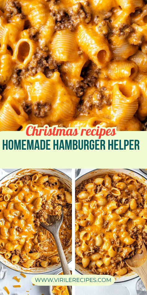 Collage of close-up and skillet shots of homemade hamburger helper with cheesy pasta shells and ground beef.