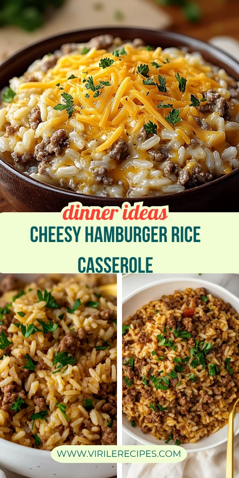 Collage of cheesy hamburger rice casserole with melted cheddar, ground beef, and parsley garnish.