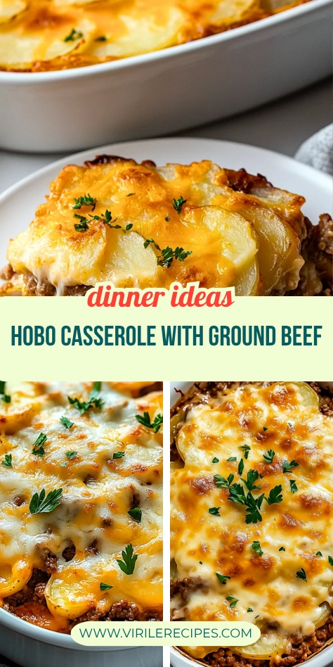 Collage of cheesy hobo casserole with ground beef, potatoes, and melted cheese garnished with parsley.