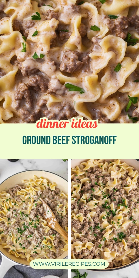 Collage of ground beef stroganoff with creamy noodles and parsley garnish.