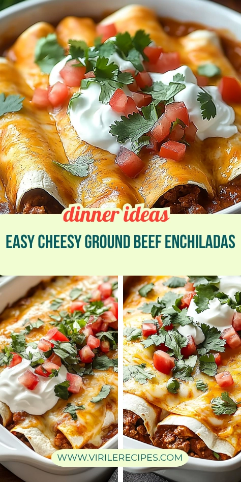 Collage of cheesy ground beef enchiladas topped with sour cream, diced tomatoes, and cilantro in a white baking dish.
