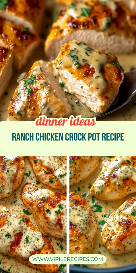 Golden-brown crock pot chicken breasts covered in creamy ranch herb sauce.