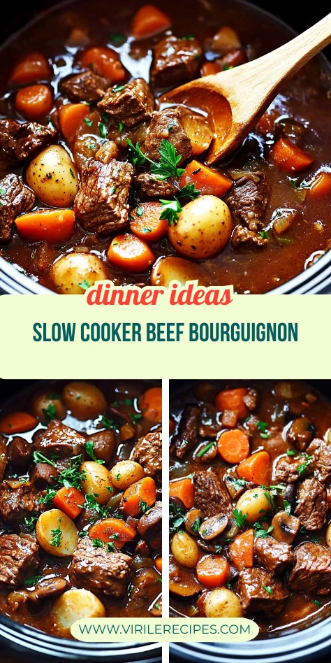 Slow cooker beef bourguignon with potatoes, carrots, mushrooms, and parsley in rich wine gravy