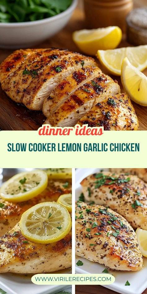 Collage of slow cooker lemon garlic chicken breasts with lemon slices and parsley.