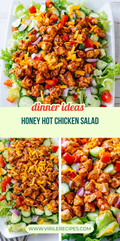 Honey hot chicken salad with romaine lettuce, cucumbers, red peppers, red onions, and cheddar cheese on a white plate.