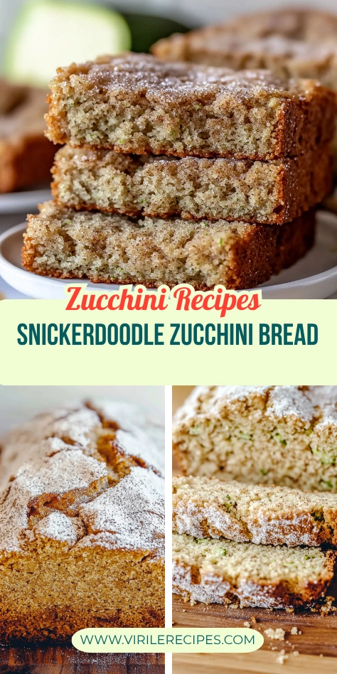 Snickerdoodle zucchini bread loaf and slices with cinnamon sugar topping and moist zucchini-filled crumb