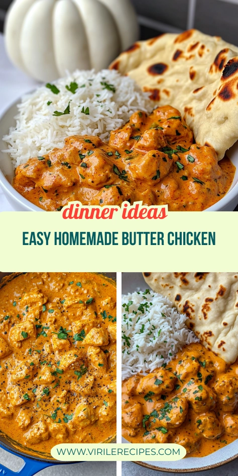 Collage of creamy butter chicken served with basmati rice and naan bread, plus a skillet view.