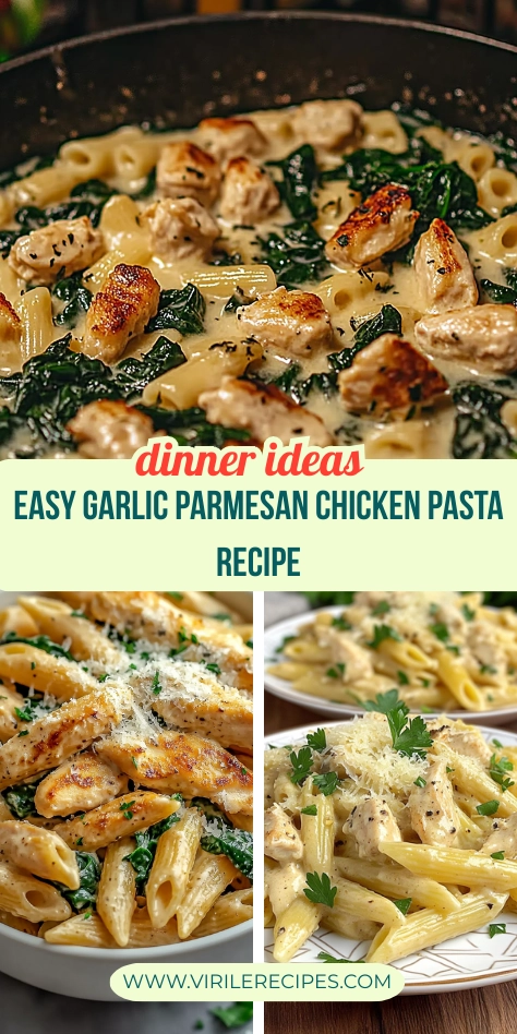 Collage of creamy garlic parmesan chicken pasta with spinach, parmesan, and parsley served in different styles.