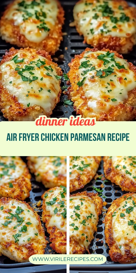 Collage of crispy air fryer chicken parmesan topped with melted cheese and parsley in air fryer basket