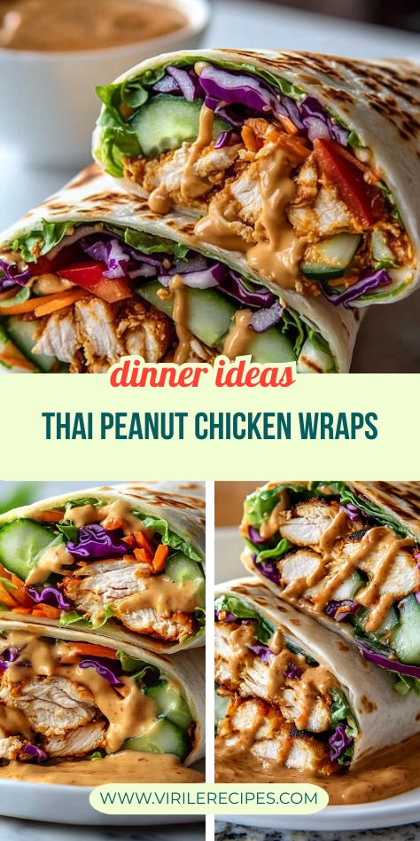 Collage of Thai peanut chicken wraps filled with fresh vegetables and creamy peanut sauce, perfect for a colorful dinner.