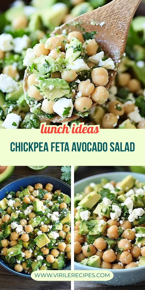 Collage of chickpea, avocado, and feta salad showing close-up spoonful and top-down views in bowls with a “Lunch Ideas” text overlay.