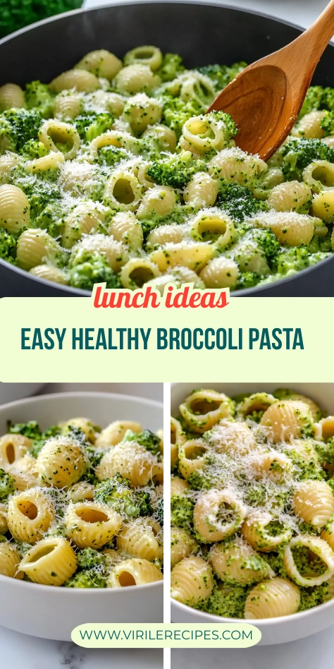 Pinterest collage featuring creamy broccoli shell pasta in a skillet and bowls, topped with parmesan