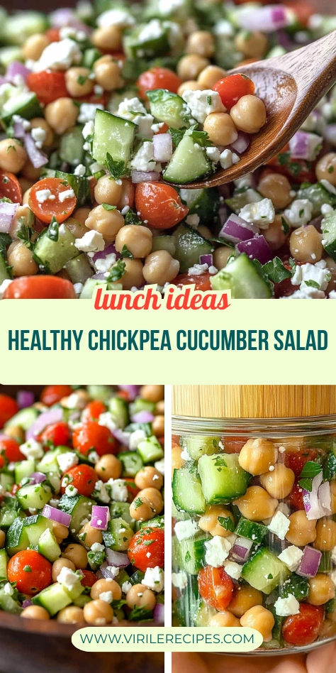 Collage of healthy chickpea cucumber salad in a wooden bowl, serving bowl, and glass jar with bamboo lid.