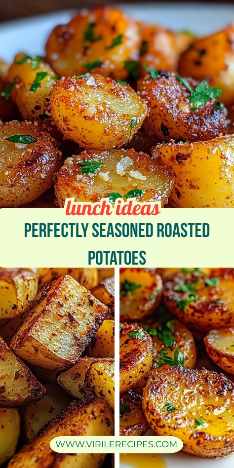 Collage of crispy, golden roasted potatoes seasoned with herbs and sea salt, featured as a lunch idea.