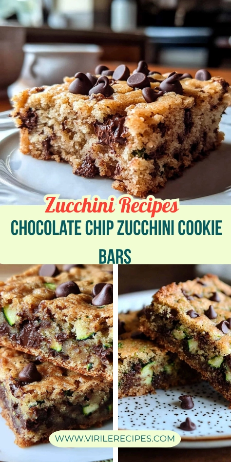 Collage of chocolate chip zucchini cookie bars with gooey chocolate centers, golden crust, and visible zucchini, styled for a food blog