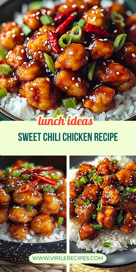 Pinterest collage of sweet chili chicken bowls garnished with sesame seeds, red chilies, and scallions on rice.