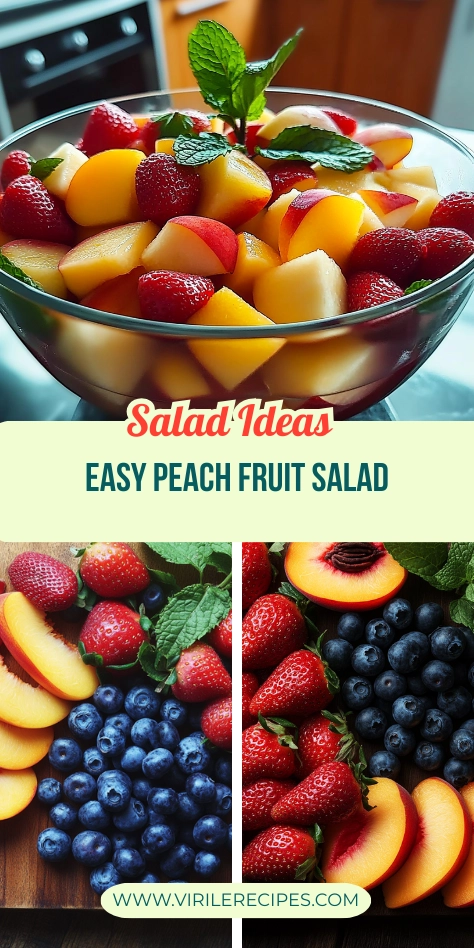 Collage of easy peach fruit salad in a glass bowl and two wooden boards with strawberries, blueberries, peaches, and mint leaves.