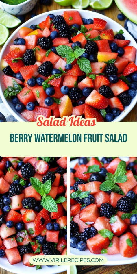 Colorful berry watermelon fruit salad with strawberries, blueberries, blackberries, and mint in a white bowl, styled with lime slices.