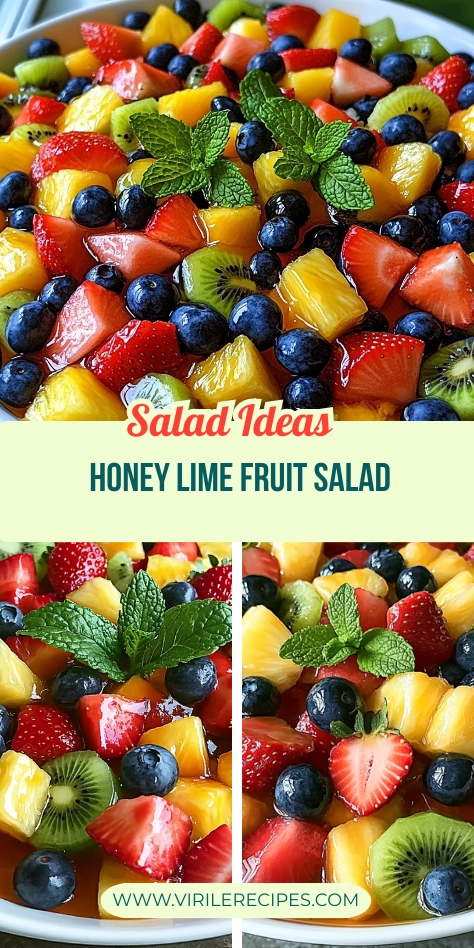 Honey lime fruit salad with strawberries, blueberries, pineapple, watermelon, and kiwi, garnished with mint in a white bowl.