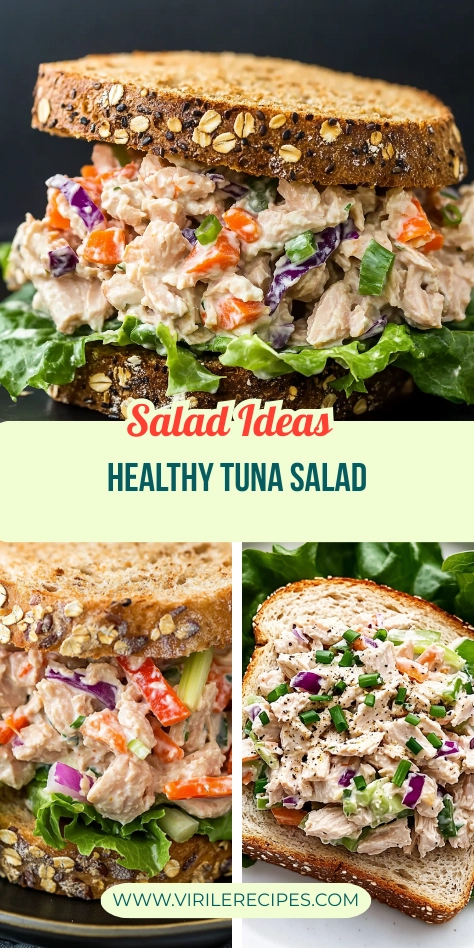 Healthy tuna salad sandwich collage with colorful vegetables on whole grain bread