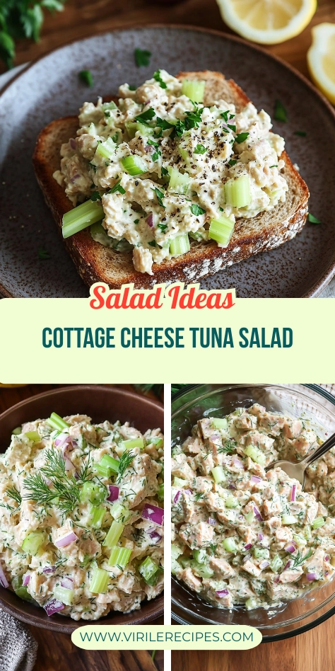 Cottage cheese tuna salad served in three ways: on toast, in a bowl, and mixed in a glass bowl with herbs and vegetables.