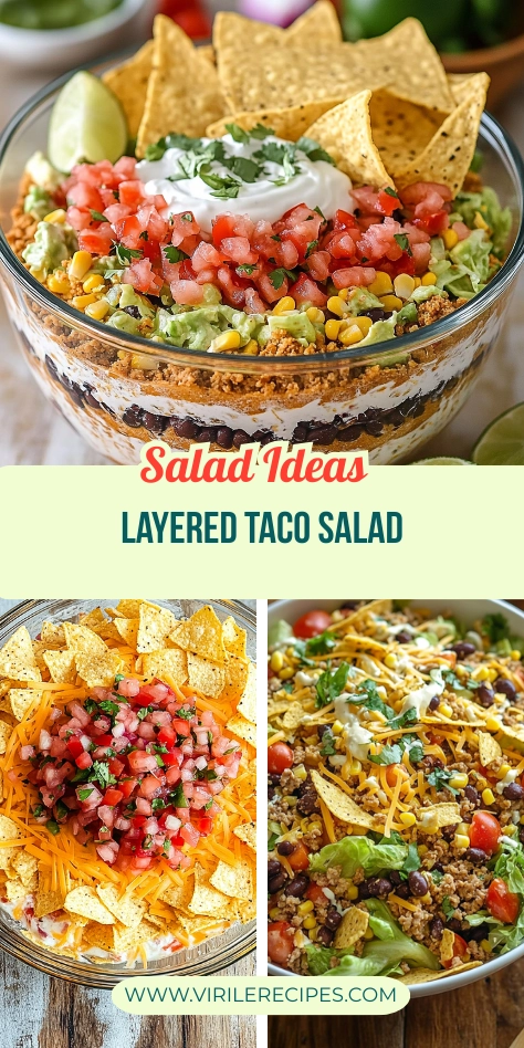 Three styles of layered taco salad featuring toppings like sour cream, pico de gallo, cheddar cheese, and tortilla chips.
