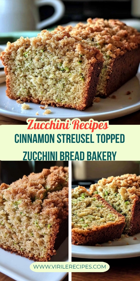 Cinnamon streusel-topped zucchini bread slices on a white plate, styled for a bakery recipe blog.