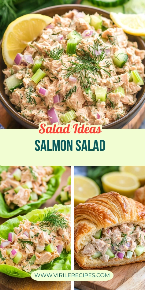 Creamy salmon salad served three ways: in a bowl with lemon, inside lettuce cups, and as a croissant sandwich with dill and veggies