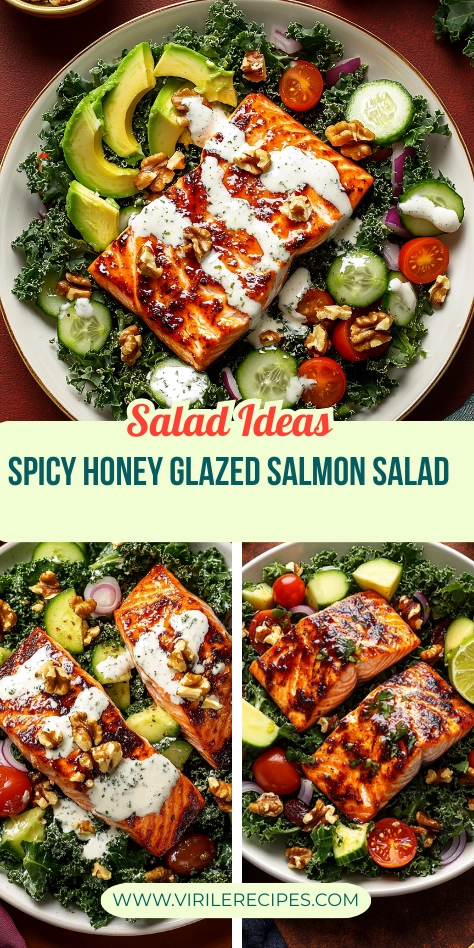 Pinterest-style collage showing spicy honey glazed salmon salad with avocado, kale, walnuts, and creamy dressing.