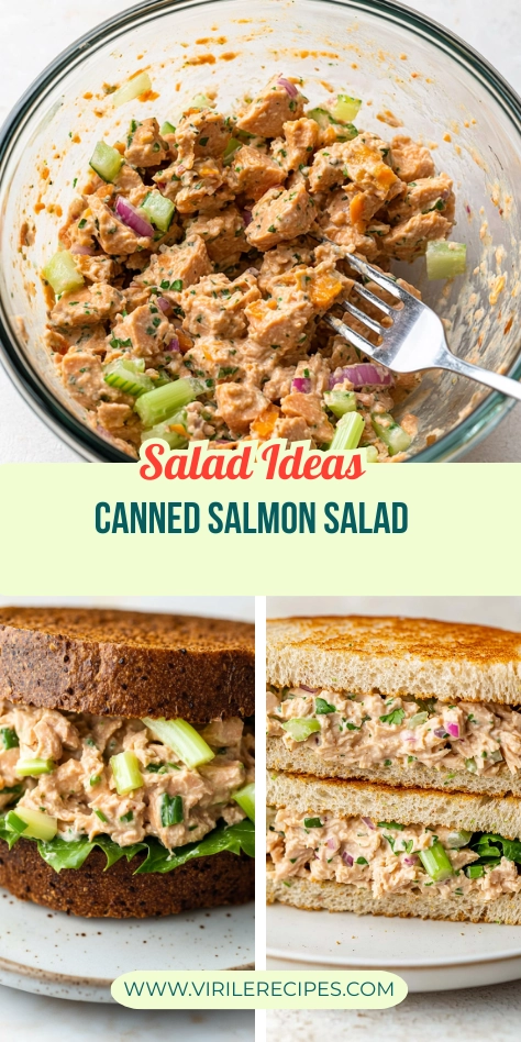 Pinterest collage showing canned salmon salad in a bowl and two sandwich variations on rye and white bread.