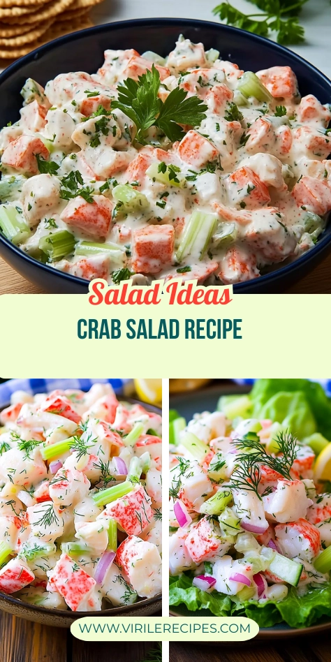 Three vibrant presentations of creamy crab salad with celery, herbs, and lemon on a recipe collage