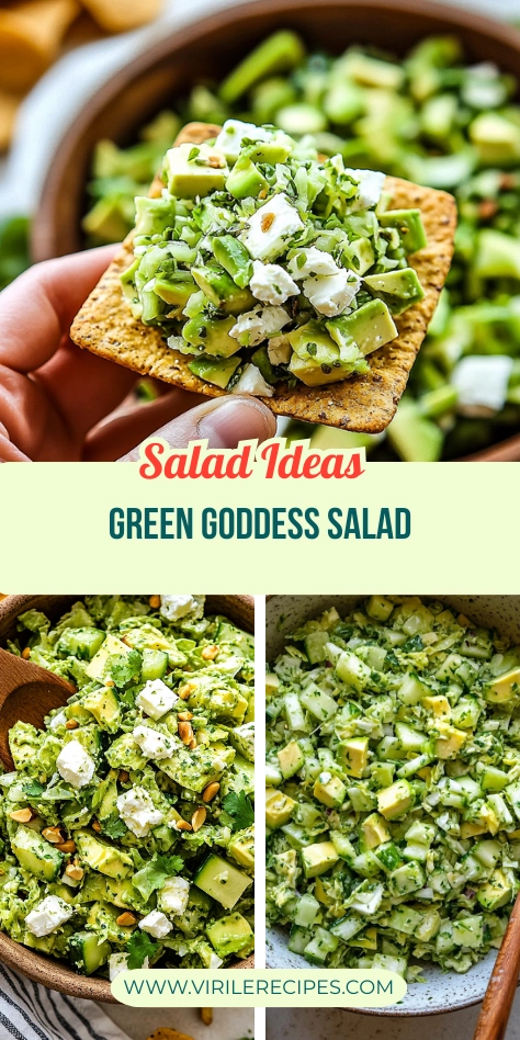 Green goddess salad collage with avocado, feta, herbs, and creamy dressing