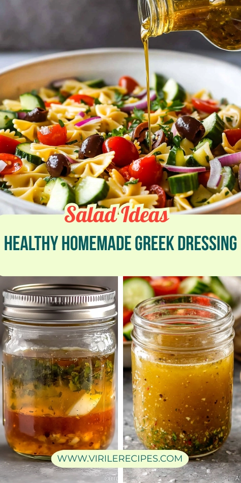 Collage showing pasta salad with Greek vinaigrette, and two mason jars of healthy homemade Greek dressing.
