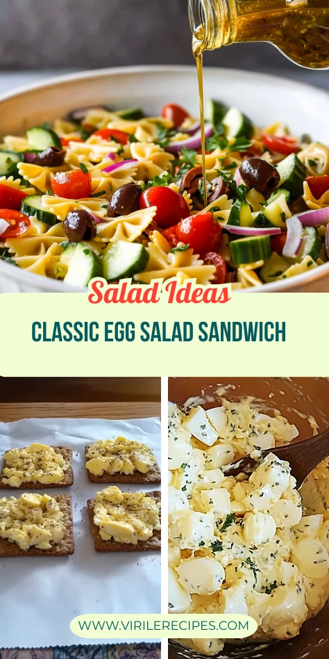 Vertical collage showing pasta salad with dressing, egg salad crackers, and creamy egg salad in a bowl