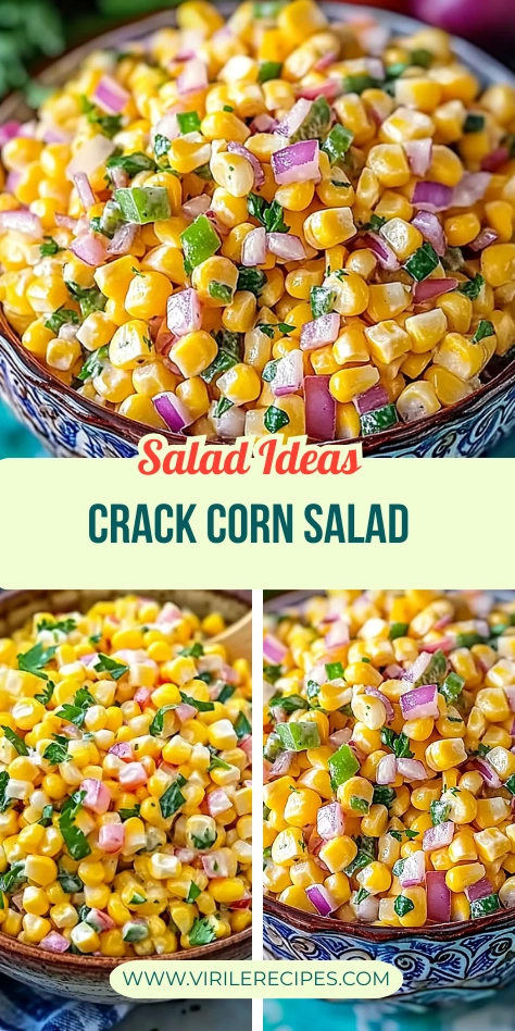 Colorful crack corn salad with red onions, green peppers, and herbs in a patterned bowl