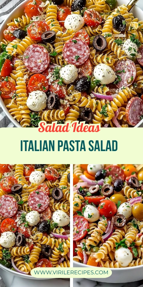Colorful Italian pasta salad with rotini, mozzarella, tomatoes, olives, salami, and herbs featured in a vibrant recipe pin.