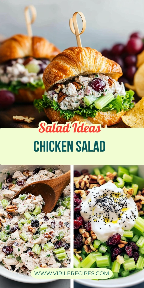 Pinterest-style collage of chicken salad croissant sandwich, mixed salad in a bowl, and unmixed chicken salad ingredients.