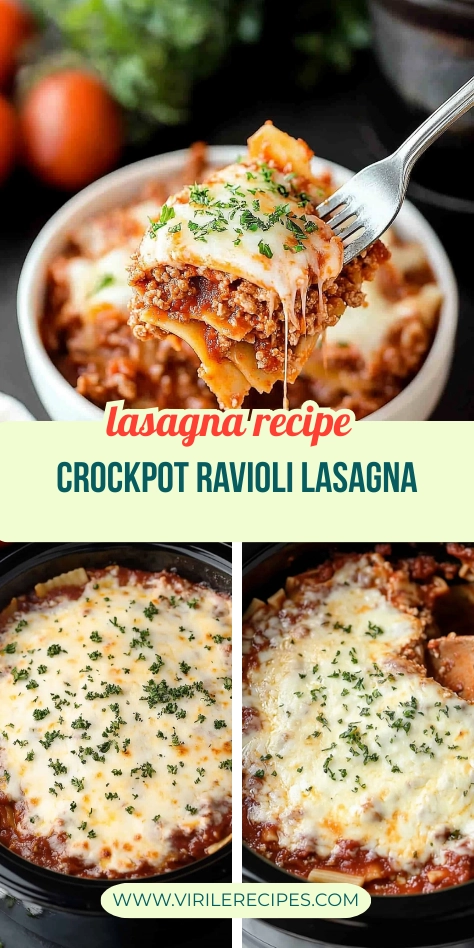 Collage of crockpot ravioli lasagna served in a bowl and cooked in a slow cooker with cheese and parsley