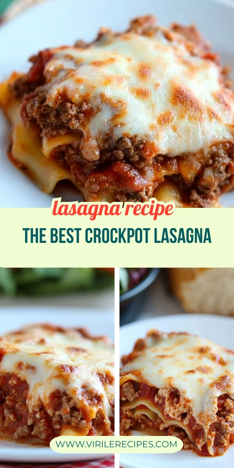 Collage of three views of cheesy crock pot lasagna slices with beef sauce, melted mozzarella, and lasagna noodles on white plates.