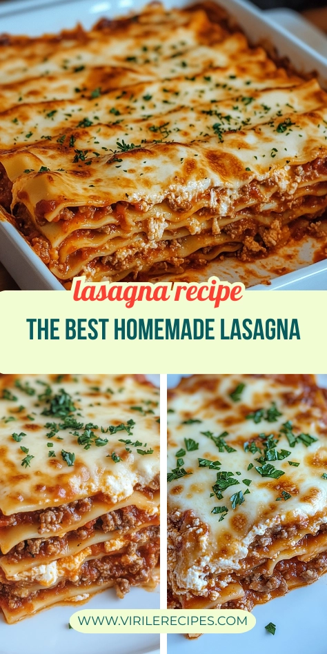 Pinterest-style image collage of homemade beef lasagna with cheesy golden layers and rich meat filling, featuring a recipe title banner and close-up slices.