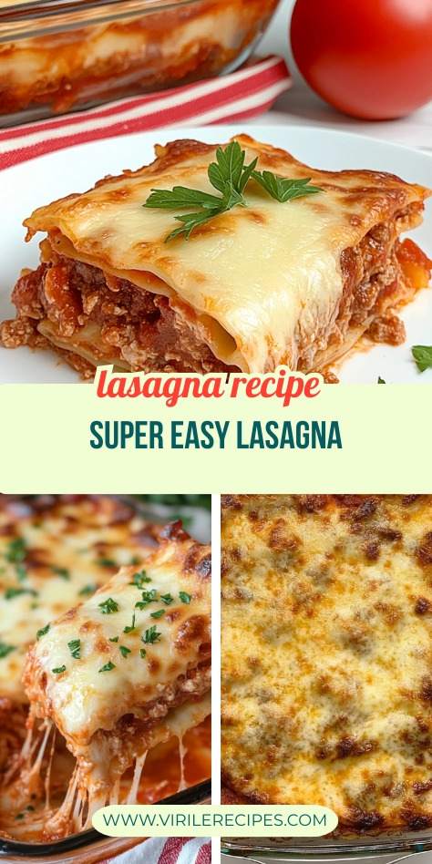 Collage of cheesy homemade lasagna with a plated slice, cheese pull, and golden-baked top layer