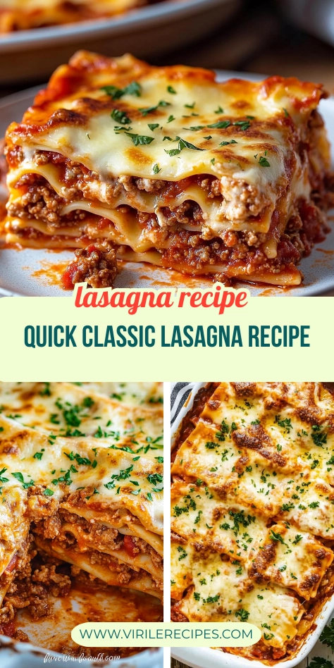 Collage of classic homemade lasagna showing a cheesy slice, a serving being lifted, and a full baked dish, topped with parsley.