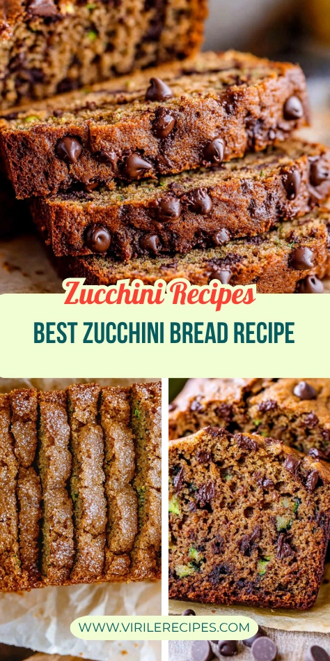 Collage of chocolate chip zucchini bread photos with text overlay for best recipe