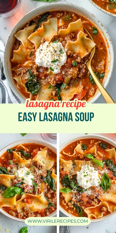 Collage of lasagna soup bowls with noodles, ricotta, spinach, ground beef, and basil on marble background, styled with gold spoon and wine.