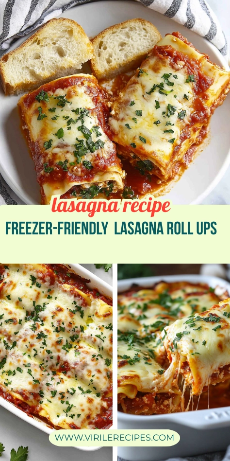 Pinterest collage showing cheesy lasagna roll ups on a plate, in a baking dish, and a fork pull with melted cheese