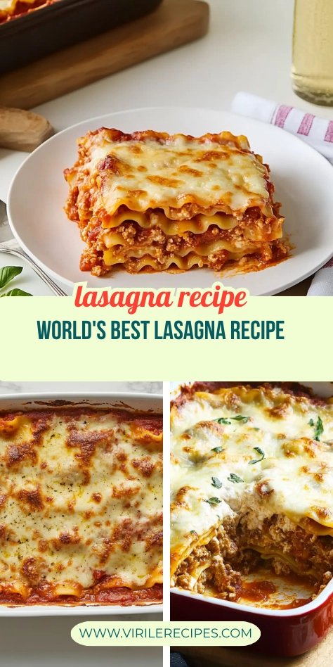 Collage of lasagna with plated slice, full baking dish, and close-up of cheesy layers