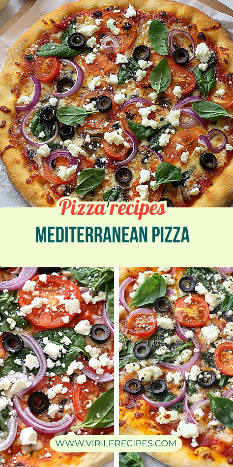 Pinterest collage of Mediterranean pizza with feta, spinach, olives, and red onions