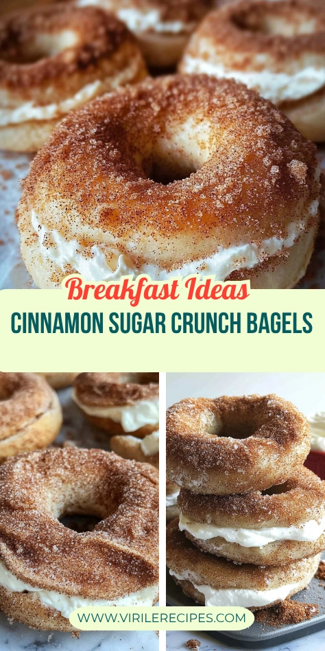 Easy Cinnamon Sugar Crunch Bagels – Breakfast Recipe Idea Collage of homemade cinnamon sugar crunch bagels filled with cream cheese