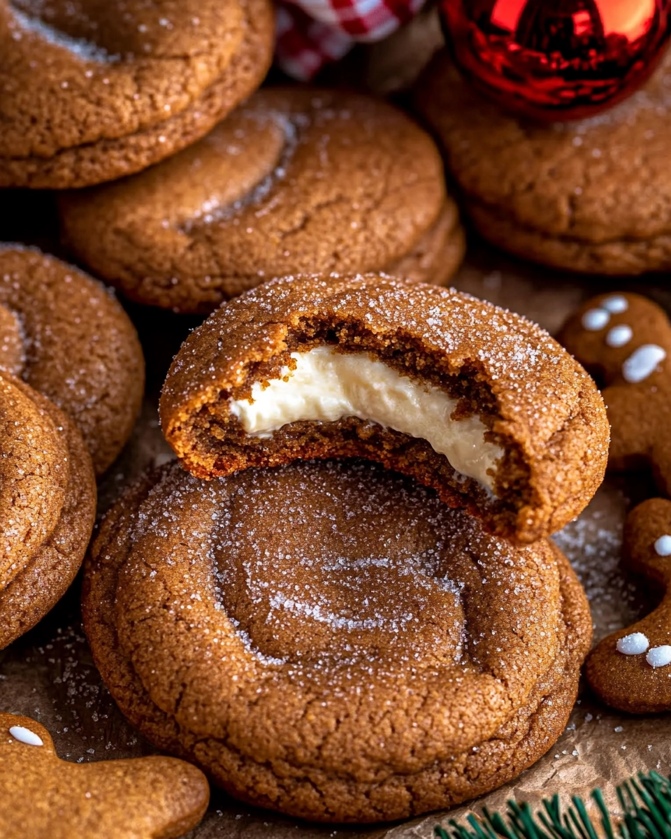Molasses cookies with cheesecake filling surrounded by gingerbread men and holiday decor